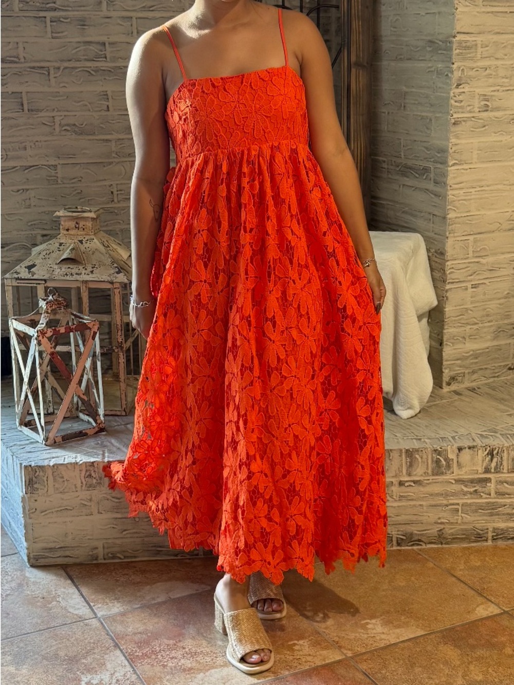 Buddy Love Bright Orange Lace Midi Dress